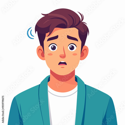 Worried young man illustration with a visual cue for ear discomfort