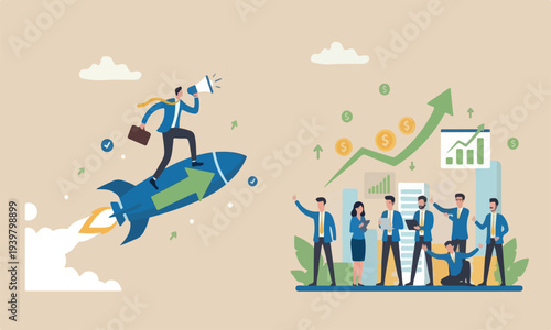 Financial The style illustration is modern, flat design with clean lines and minimal shading. for success concept, businessman riding rocket booster with growth arrow.