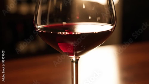 Red wine swirling in elegant glass on wooden bar for restaurant and lifestyle content