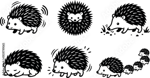 Line art vector set showing six cute hedgehog characters in playful poses walking sniffing sleeping rolling closeup front view whimsical