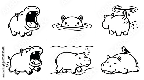 Line art comic panel of six playful hippo poses showing yawning, swimming, farting, running, walking and resting with bird vector