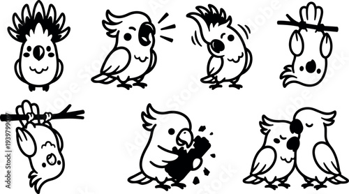 Line art cockatoo mascot icons showing playful poses eating nut cuddling upside down and singing set social media digital stickers