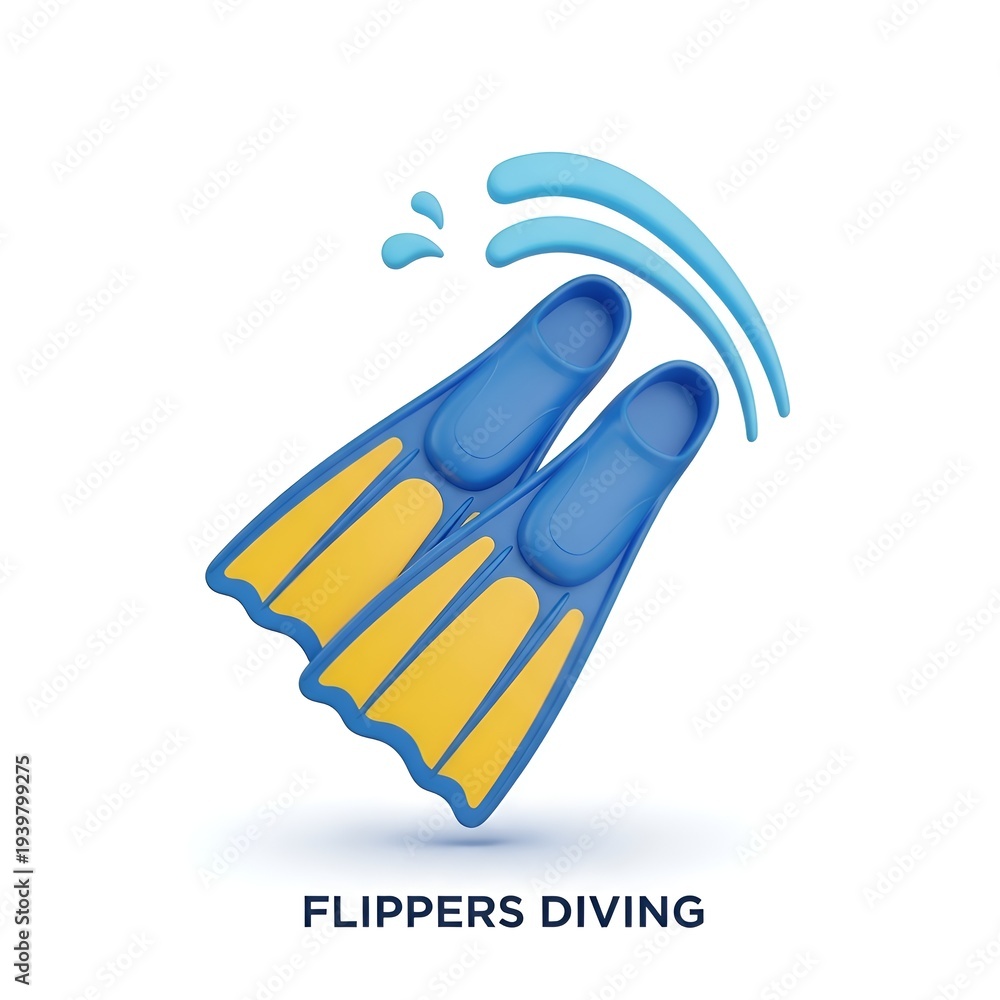Obraz premium Flippers Diving Icon Featuring Blue and Yellow Swimming Fins with Water Splash Effects Isolated on a White Background for Aquatic Sports Design Projects
