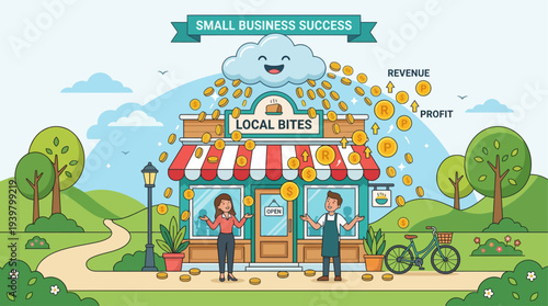 Small Business Store Illustration with Falling Coins and Profit Growth Concept
