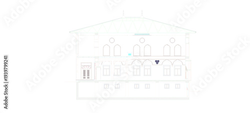 Vector sketch illustration silhouette design architectural details construction section view facade site plan of place of worship mosque and church with tower with interior and scale size classic vint