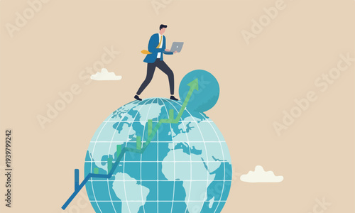 Global stock investment, financial analysis or earning growth, stock trading concept, smart businessman investor trading on laptop on the globe with financial graph.