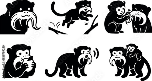 Flat vector icon set of emperor tamarin monkeys in playful poses grooming eating jumping calling with baby portrait