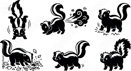 Tattoo flash six skunk vector icons showing spraying digging walking rear poses in bold black and white expressive