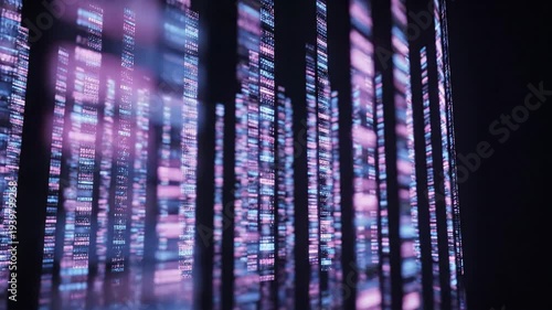 Glowing genomic data sequences scrolling on dark background for science and biotechnology content