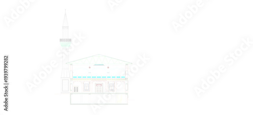 Vector sketch illustration silhouette design architectural details construction section view facade site plan of place of worship mosque and church with tower with interior and scale size classic vint