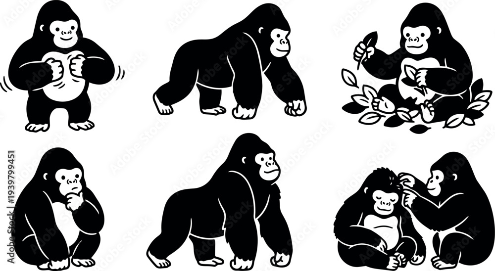 Fototapeta premium Flat vector gorilla characters set six poses close up and full body sitting grooming eating leaves playful bold silhouette monochrome icons