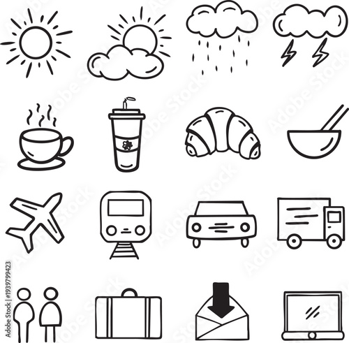 Minimalist icons for travel and daily life on white background