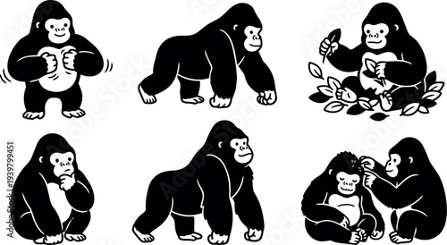Flat vector gorilla characters set six poses close up and full body sitting grooming eating leaves playful bold silhouette monochrome icons