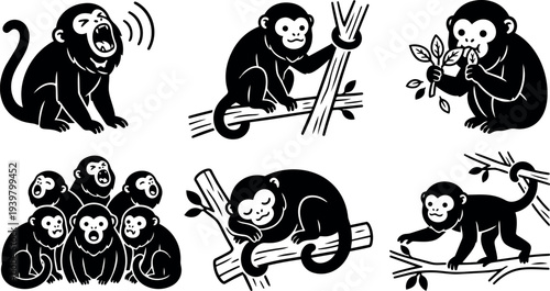 Tattoo flash set of six monkey silhouettes showing yawning climbing eating leaves group and sleeping poses on branches black vector