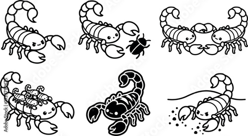 Kawaii line art scorpion icon set showing six playful cute scorpions in different poses with close up claws and beach sand