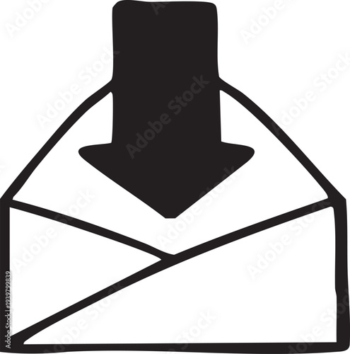Simple black envelope icon with download arrow for email or messaging