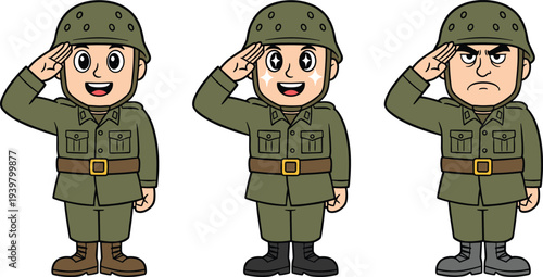 Vector illustration of cartoon soldiers in green military uniforms saluting with varied emotional expressions, symbolizing discipline, strength, teamwork, patriotism, lifestyle, defense, and creative