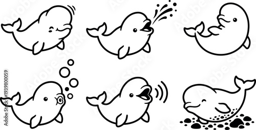 Line art cute whale icon set showing six playful beluga poses including spouting blowing bubbles smiling and resting on seabed