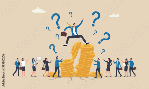  Financial bankruptcy with clean lines and minimal shading teams together concept, businessman investor falling from stack of unstable money coins
