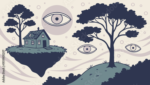 Surreal Floating Island House Landscape with Mystical Eyes for Dream Vision or Psychological Insight Design