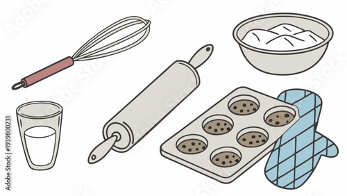Baking Ingredients and Tools for Homemade Cookies Muffin Tin Whisk Rolling Pin for Recipe Blog Web Design