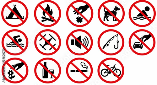 Outdoor danger and warning icons with red triangles and black pictograms. Toxic, high voltage, and falling rocks collection for safety and restricted areas. Vector illustration for industrial signage,