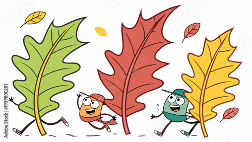 Joyful Autumn Leaves Characters Running Together Seasonal Fall Celebration Web Banner Design