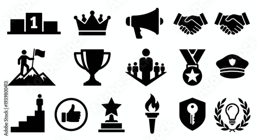 Solid black icons for success and leadership. Achievement, team management, and professional victory collection. Vector illustration for corporate coaching, motivational apps, and leadership training 