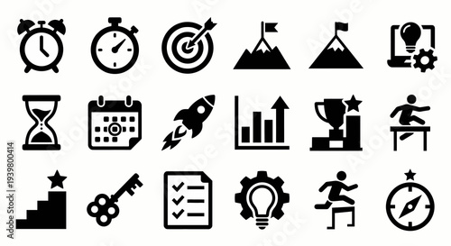 Solid black icons for time management and goal setting. Productivity tracking, business progress, and success milestones collection. Vector illustration for project management apps, personal developme