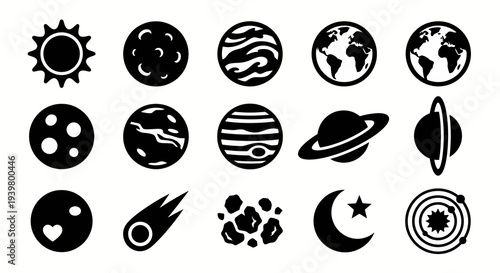 Solid black icons for planets and the solar system. Astronomy, celestial bodies, and space science collection. Vector illustration for educational materials, space apps, and astronomical discovery con