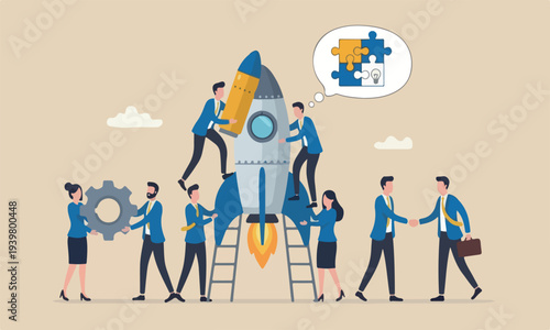 Build startup meeting teams together red pillars teamwork and support concept, creative businessman and woman coworker support each other help building rocket