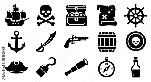Solid black icons for piracy and ancient treasures. Pirate ship, skull, and gold chest collection. Vector illustration for adventure games, maritime history, and treasure hunting concepts. Black and w