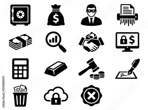 Solid black icons for white collar crime and financial fraud. Corruption, money laundering, and data breach collection. Vector illustration for corporate security, legal compliance, and investigative 