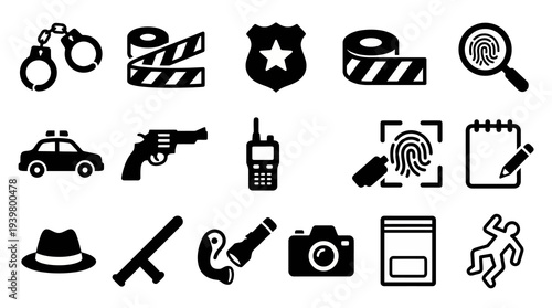 Solid black icons for crime investigation and law enforcement. Police gear, forensic tools, and justice collection. Vector illustration for security apps, legal services, and true crime media concepts