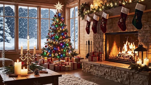 Cozy living room with Christmas tree and fireplace on snowy day