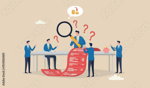  Paying bills, cost and analysis personal finance concept, businessman intoo magnifying team meeting analyze budget, income big cow red tax invoice receipt paper.