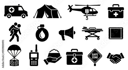 Solid black icons for humanitarian aid and military rescue. Relief supplies, medical evacuation, and disaster response collection. Vector illustration for non-profit organizations, emergency services,