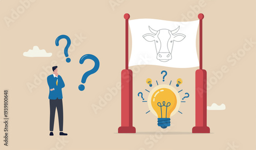 Solution to solve problem, asking question and answer, discover idea, solving business difficulty concept, thoughtful businessman think pillars solve problem with lightbulb and question mark
