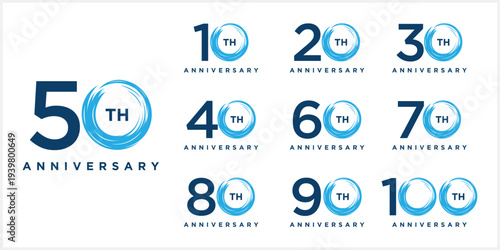 Collection of number 10 to 100 anniversary logo design. Blue sea waves vector symbol icon concept