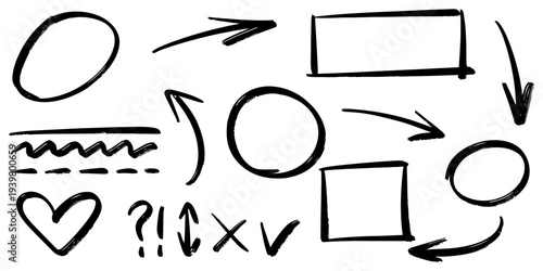Hand drawn black marker doodle set of arrows, circles, squares, and decorative marks isolated on white background.