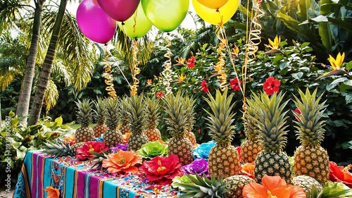 Colorful tropical party table with pineapples and balloons outdoors