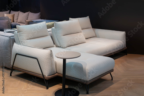 Photos Elegant modern sofa displayed in a spacious furniture showroom, featuring high-q