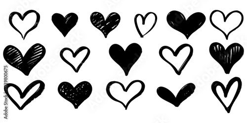 Hand Drawn Heart Doodles Set, Vector Sketch Love Symbols