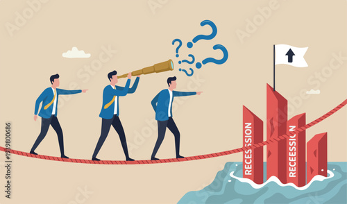 Searching opportunity uncertainty pillars situation, risk management to togther investment recession, seeking concept, businessman through pillars telescope walking risky rope.