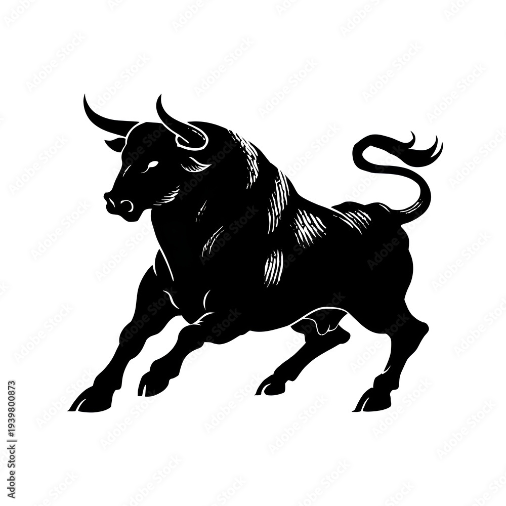 Fototapeta premium The strong black bull charges forward aggressively with its powerful horns, showing its dominance in a vintage engraved illustration style.