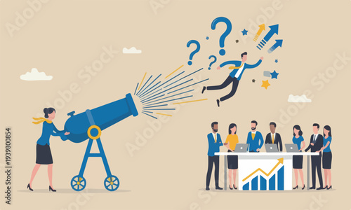 : Coaching help, mentor motivation to boost productivity, help manager support for career development, entrepreneur launch, woman ignite cannon to launch businessman.