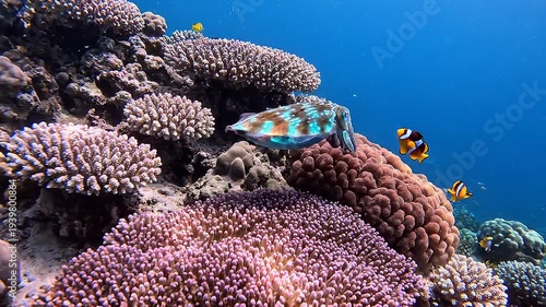 Cuttlefish on coral reef with fish