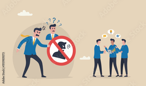  Toxic boss, bad environment in workplace, unfairness micromanage mislead manager concept, angry manager captured cover prohibit toxic sign team peacefully discussing work outside.