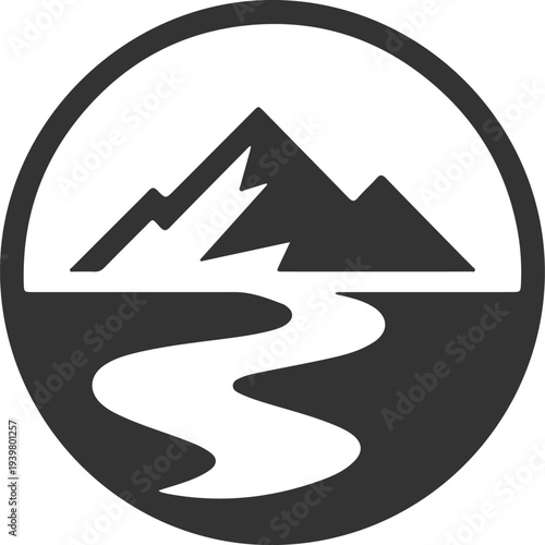 Circular Mountain and River Silhouette Icon for Environmental Protection and Eco-Tourism Agency Branding