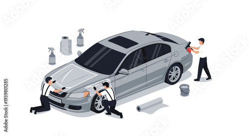 Three workers are meticulously applying a protective film or wrap to a grey sedan car, surrounded by detailing tools on a white background.